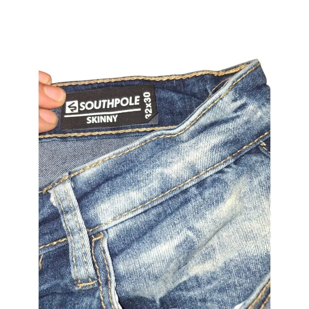 South Pole Skinny Leg Jeans Men's 32X30 Blue Denim 5-Pockets Cotton Distressed